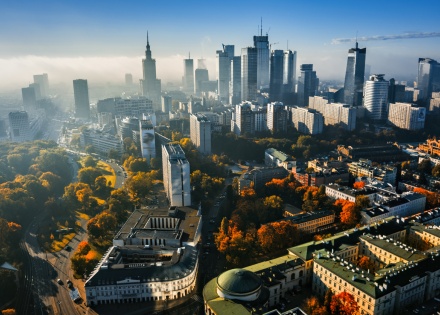 Aerial view of downtown Warsaw in Poland in autumn