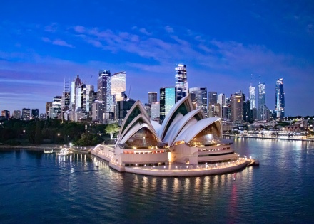 Aerial view of Sydney’s opera house in Australia at dusk