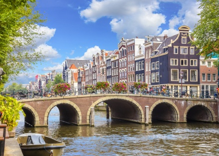 Amsterdam on a sunny day from the banks of the Amstel River
