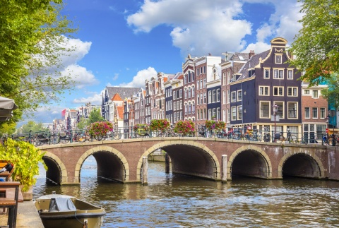 Amsterdam on a sunny day from the banks of the Amstel River