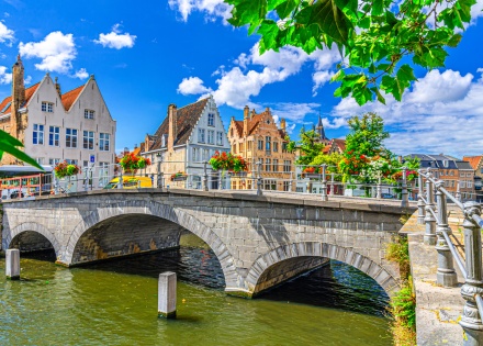Bridge and medieval houses in Bruges Belgium’s old town