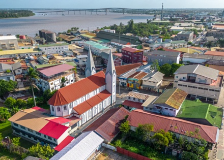 Aerial view of Paramaribo Suriname's Cathedral of St Peter and Paul