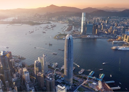 Skyline in city surrounded by water