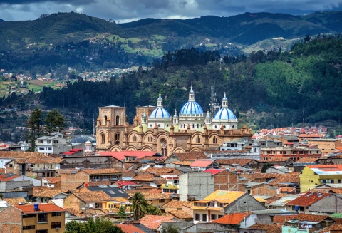 Aerial view of Cuenca, Ecuador, and it's cathedral