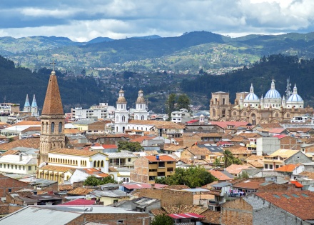 Aerial view of the rooftops and steeples of Cuenca in Ecuador