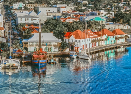 Aerial view of a dock in Barbados with sailboats