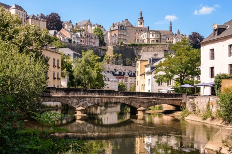 Grund Bridge over the Alzette River in a valley in Luxembourg