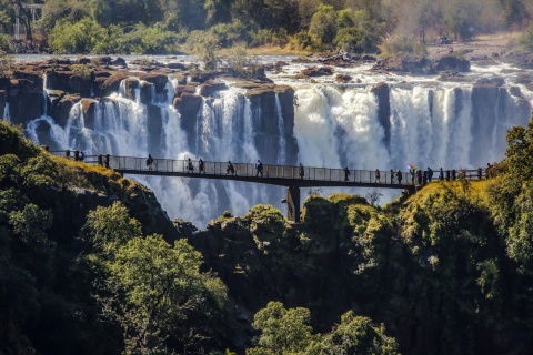 Aerial shot of Victoria Falls Zambia with a bridge