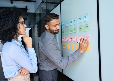 Colleagues collaborating on workplace terminology using a whiteboard