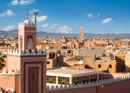 Panoramic view of Marrakech's kasbah overlooking the medina in Morocco.