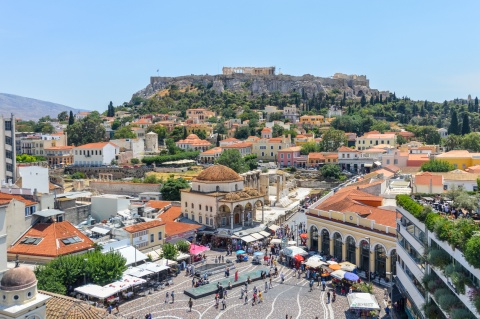 Aerial view of Monastiraki Square and the Acropolis in Athens Greece