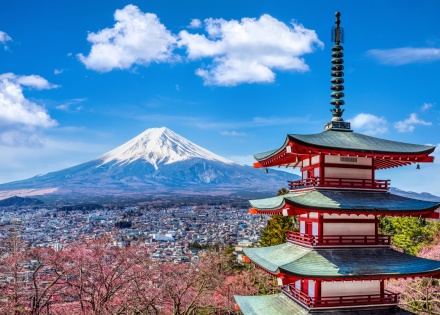 Mt Fuji, snowcapped, and the Chureito Pagoda in Fujiyoshida, Japan
