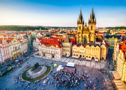 Old town square in Prague at sunset in Czech Republic
