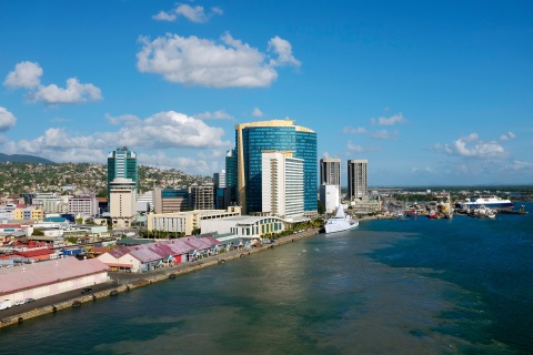 Aerial view of Port of Spain Trinidad and Tobago from the sea