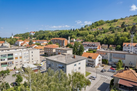 Panoramic view of a small Slovenian village in the hills