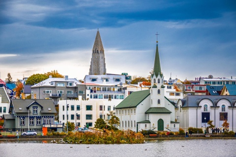 Reykjavik, Iceland's church steeples seen from the ocean