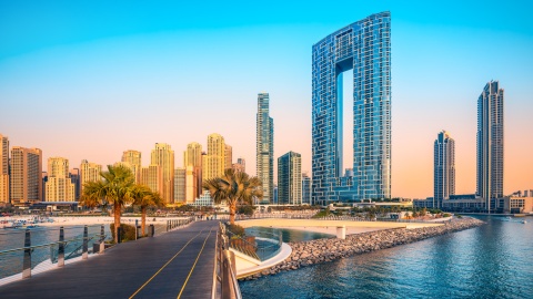 Stunning view of Dubai UAE from Jumeirah Beach at sunset