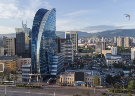 Aerial view of Ulaanbaatar's Blue Sky Building in Mongolia