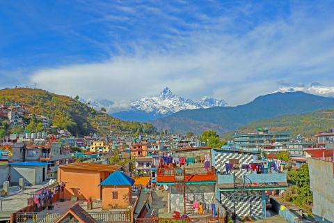 Panoramic view of Pokhara with Machapuchare in the background in Nepal